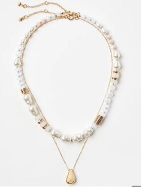 LOFT Gold and White Layered Pearl Necklace with Teardrop Charm